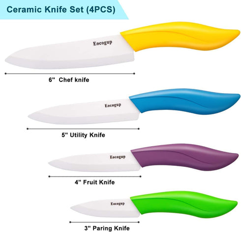 Updated Version Ceramic Knife Set 4-Piece Color with Sheaths (Includes 3" Paring Knife, 4" Fruit Knife, 5" Utility Knife, 6" Chef Knife) for Home ...