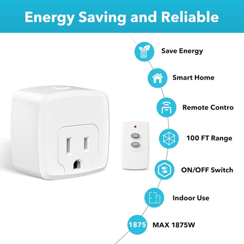 HBN Remote Control Outlet with 100FT RF Signal, Wireless On Off Switch Plug for Household Appliances, Battery Included, 15A/1875W(1 Outlet + 1Remo...