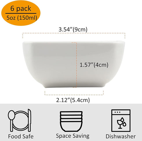 5 Ounce 6 Pack Ceramic Dip Bowls Set Porcelain Dip Mini Bowls Soy Sauce Dish/Bowls - Good for Tomato Sauce, Soy, BBQ and Other Party Dinner (White...