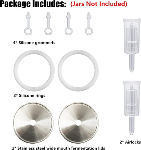 Fermentation Lids, Fermentation Kit- 2 Mason Jars Fermenting Lids, 2 Airlocks for Fermenting, 4 Grommets, Fermentation Kit for Making Hot Sauce Pi...