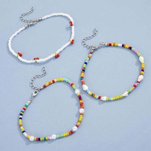 Handmade Pearl Anklet Bracelet Boho Conch Cherry Rainbow Beads Anklet Ankle Chain Elastic Pearl Beach Foot Chain Multi-Layered Anklet 3Pcs Set Foo...