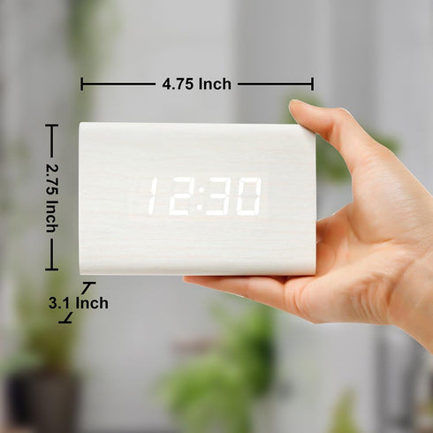 OCT17 Wooden Wood Clock, New Version LED Alarm Digital Desk Clock Adjustable Brightness, Alarm Time, Displays Time Date Temperature - White...