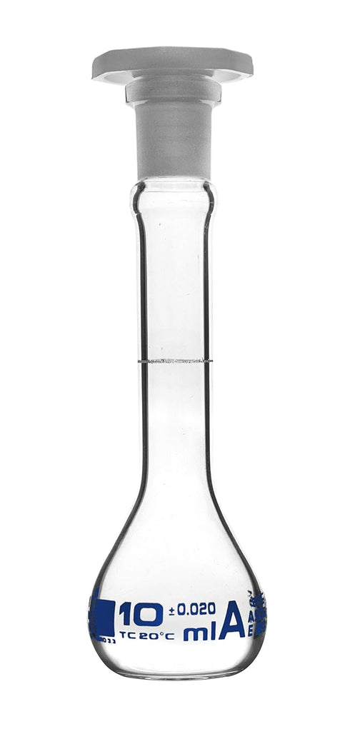 EISCO Volumetric Flask, 10ml - Class A, ASTM - Tolerance ±0.02ml - Polypropylene Stopper - Single, White Graduation - Borosilicate Glass...