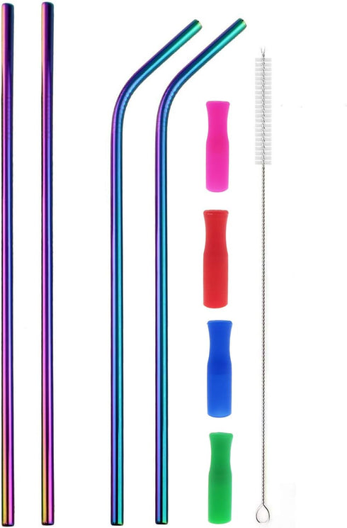 Colorful Stainless Steel Straws, 4pcs Ultra Long 12" Reusable Rainbow Color Drinking Straws with Silicone Tips and Cleaning Brush...