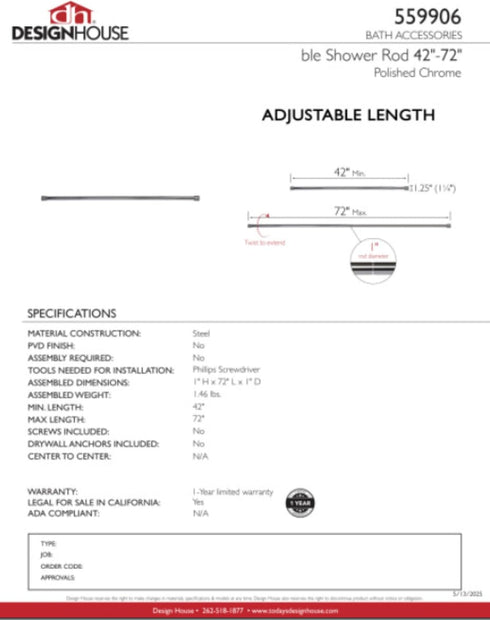 Design House Adjustable Shower Rod 43-inch-72-inch Chrome...