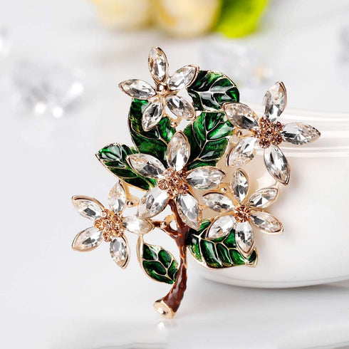 Womens Flower Green Leaf Rhinestone Brooch Pin...