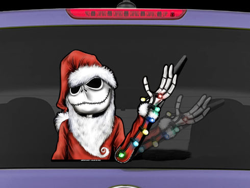 Jack Nightmare Santa Claus Waving Winter WiperTag USA Christmas with Decal attaches to rear vehicle wiper blade...