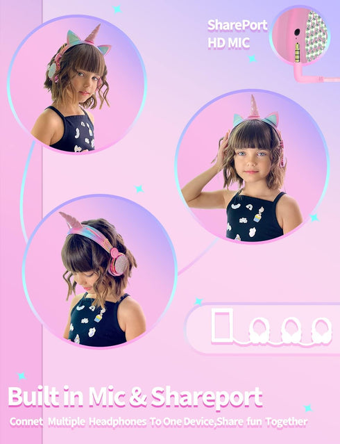Kids Unicorns Headphones with Mic for School/Travel,95dB Volume Limited,Shareport,On/Over Ear Wired Headsets with Nylon Cable-Hot Pink......