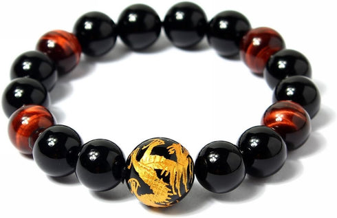Men's 12mm Tiger Eye Agate Bead Bracelet (Golden Color) Dragon King Pattern Stretch Bracelet Length: 7.6"...