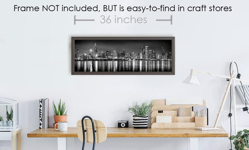PHOTOSBYJON Chicago Skyline UNFRAMED Photo Print Night Black & White B&W BW 11.75 inches x 36 inches Photographic Panorama Print Photo Picture Sta...