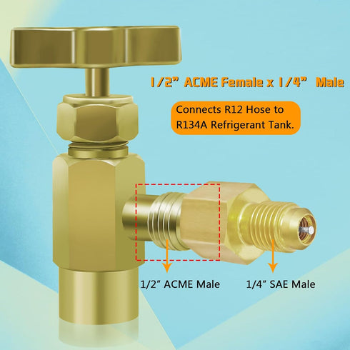 Boltigen 6pcs R134a Refrigerant Tank Adapters, R12 to R134a AC Fitting Connector, 1/2 to 1/4 Flare R134a Vacuum Pump Adapter Fittings with Valve C...