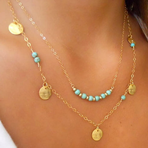 Layered Turquoise Pendant Necklace Gold Sequin Chain Necklace Blue Beads Choker Necklace Turquoise Disc Necklace Chain Jewelry for Women and Girls...