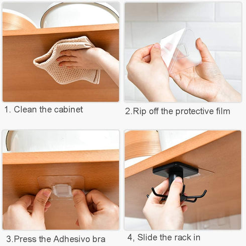 2pcs Under Cabinet Kitchen Utensil Hooks,360° Rotating Drilling Free Adhesive Utensils Hanging Rack for Tools/Towel/Knife (Black)...