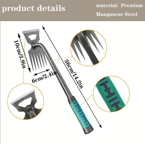 Weed Puller Tools Sharp Weeding Tool High Manganese Steel Weed Remover Tool, Grass Root Removal Tool with Handle 6 Teethes Dual Purpose Hand Weede...