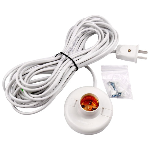 1pcs White Hanging Light Cord E27 Light Bulb Socket to 2-Prong with On/Off Switch (about 80mm base & 26ft wire)...