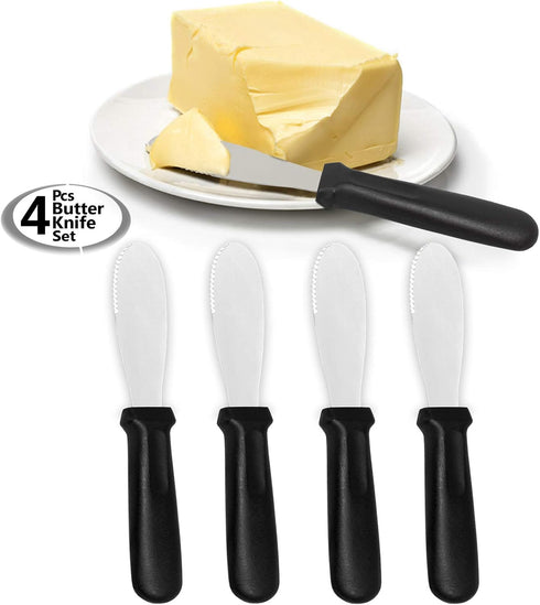 AnapoliZ Butter Spreader Knives | 4 PCS Wide Blade Stainless Steel Spreader Knife | Black Plastic Handle Spreading Knives | Sandwich Condiment Spr...