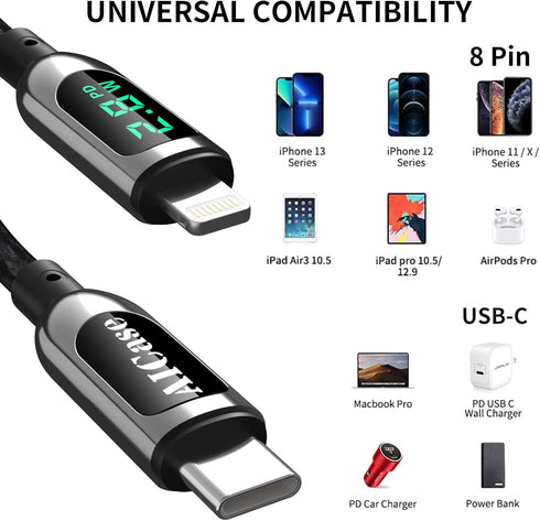 AICase USB C to L ightning Cable, 10FT Charging Syncing Cord with LED Display Compatible with iPhone 13 13 Pro 12 Pro Max 12 11 X XS XR 8 Plus, Ai...