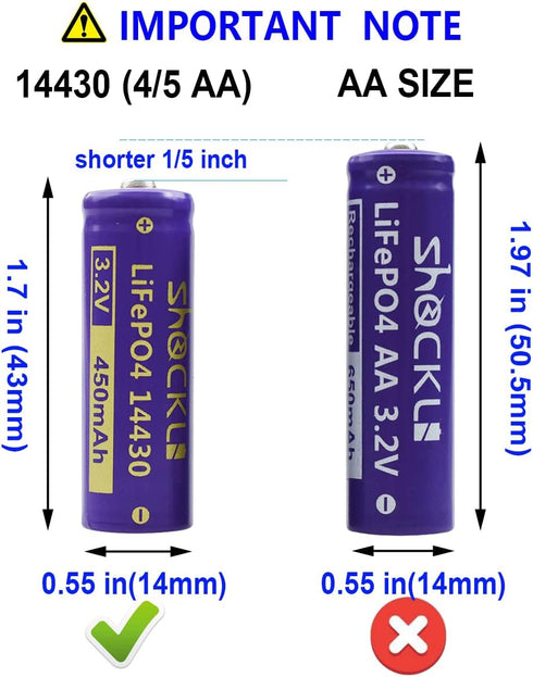 (2-Pack Shockli 14430 3.2V 450mAh LiFePO4 Rechargeable Solar Battery for Outdoor Solar Garden Light?Shorter Than AA!?...
