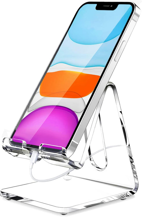 Crpich Acrylic Cell Phone Stand, Portable Clear Phone Stand for Desk, Compatible with Phone15 14 13 Pro Max Mini 12 11 Plus SE, Switch, Android Sm...