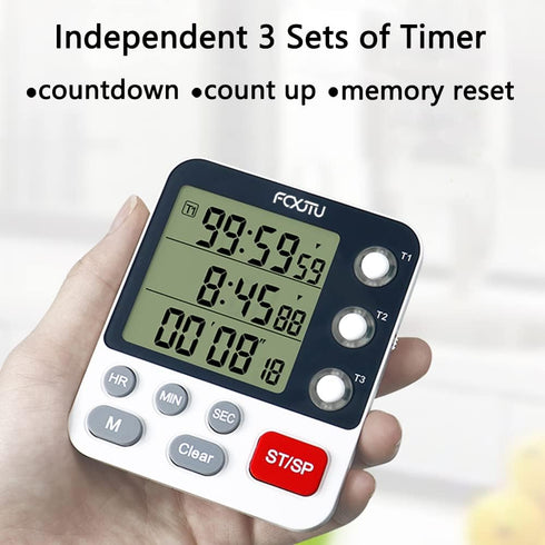 FCXJTU Digital Dual Kitchen Timer, 3 Channels Count UP/Down Timer, Cooking Timer, Large Display, Loud Volume Alarm and Flashing Light with Magneti...