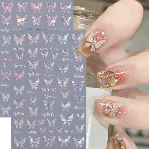 Shiny Pink Butterfly Nail Art Sticker Butterfly Nail Decals 3D Self-Adhesive Nail Art Supplies Laser Glitter Butterflies Nail Design Stickers for ...