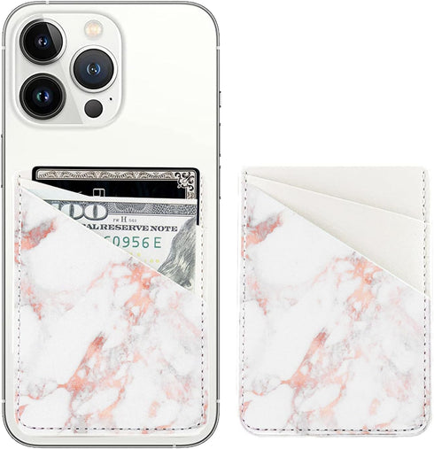 uCOLOR Phone Card Holder, Leather Phone Wallet Adhesive Stick On Stretchy Credit Card Pocket for Back of Phone Case iPhone and Android(Rose Marble...