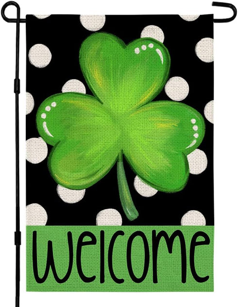 CROWNED BEAUTY St Patricks Day Shamrock Garden Flag 12×18 Inch Double Sided Green Clover Small Burlap Welcome Polka Dots Holiday Yard Flag for Out...