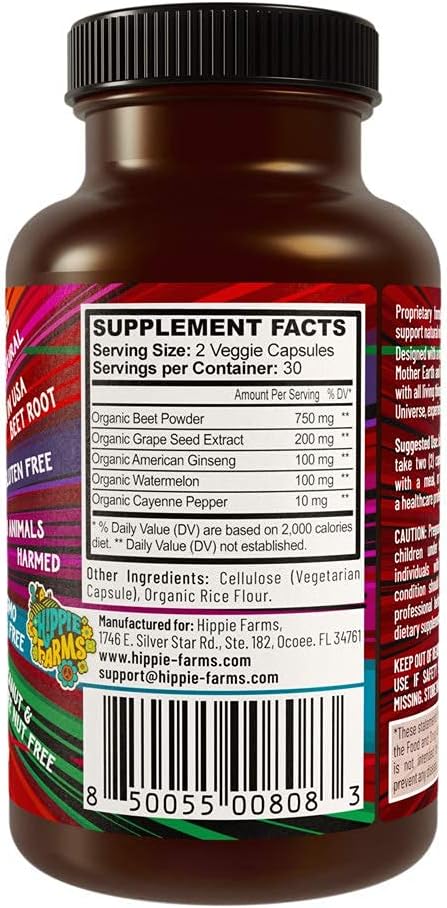 Beet Root Capsules - Circulation, Heart-Healthy Energy - w Grape Seed Extract & Ginseng 60 Count Vegan...