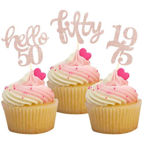 24 Pcs Rose Gold Glitter 50th Birthday Cupcake Toppers for 50th Birthday Celebrating Party Decorations...