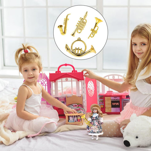 Balacoo 4Pcs Mini Plastic Musical Instrument Dollhouse Trumpet Saxophone Miniature Dollhouse Model Gold Christmas Tree Hanging Decor...