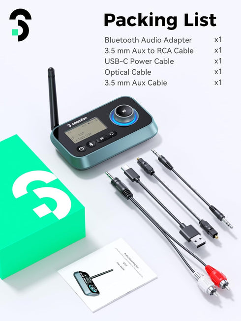 Bluetooth Transmitter Receiver - SOOMFON 3-in-1 Bluetooth 5.0 Audio Adapter for 2 Headphones with LCD Display Adjustable Volume, Optical AUX RCA B...