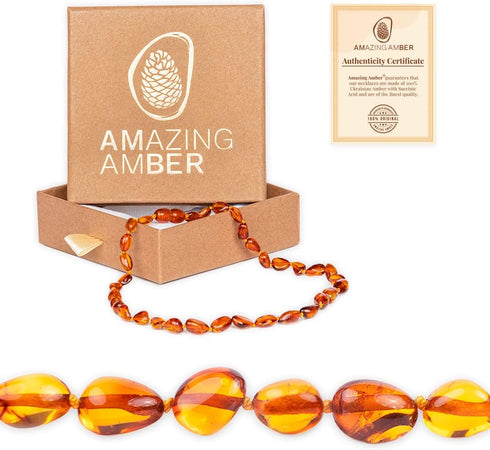 Amber Necklace - 100% Authentic Amber (Rich Honey, 13.5 inches), Certified Amber Necklace with Safety Clasp and Knotted Beads...