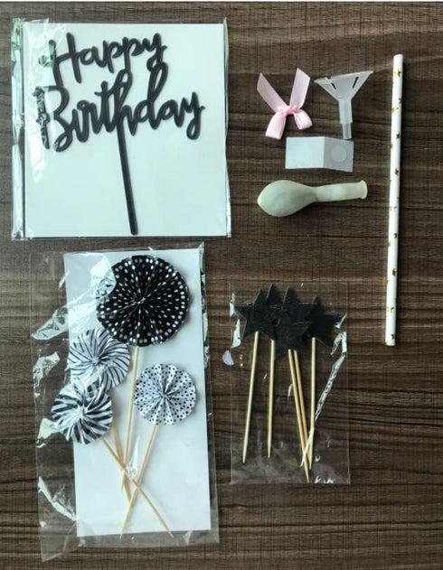 Black Happy Birthday Cake Topper Set 11 PCS Acrylic Topper Confetti Balloon Cool Stars Paper Fans Cupcake Picks Cake Decorations Supplies for Dad ...