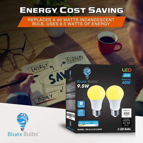 4-Pack BlueX A19 Amber Yellow LED Bug Light Bulb No Blue Light Outdoor 650 Lumens 120V E26 Medium Base LED 9.5 - Watt (60-watt Replacement) A19 Ou...