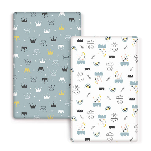 GRSSDER Stretchy Ultra Soft Jersey Knit Fitted Pack n Play Playard Sheets Set 2 Pack?Portable/Mini Crib Sheets, Crown and Cloud for Girls and Boys...