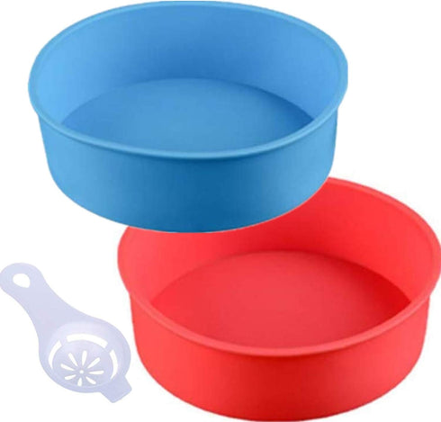 Round Silicone Cake Pan Baking Mold 6 Inches - Set of 2 - BPA-Free - Kitchen Baking Tool Red and Blue with Egg White Separator...