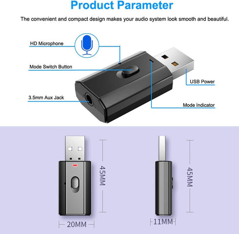 Bluetooth 5.0 Car Adapter, BAVNCO Mini Stereo Transmitter Receiver Wireless 3.5mm Aux Jack Adapter Hands-Free Car Kit Built-in Mic for Car, Home S...