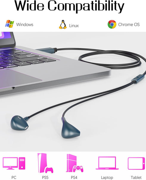 USB Earbuds with Microphone for PC Laptop, 2M/6.5ft USB Headset with Microphone for PC, USB Headphones for Computer Laptop PC PS4 PS5 Notebook Des...