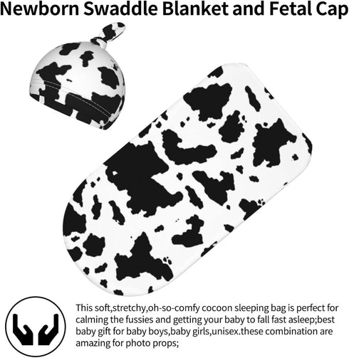 Cow Print Newborn Swaddle Blanket with Hat Set Baby Stuff Receiving Blankets Soft Transition Sleep Sacks Gifts for Infant Boys Girls...
