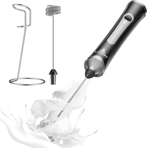3-Speed Rechargeable Milk Frother, Handheld Electric Coffee Frother Wand with Detachable Stainless Steel Double Rings Whisk, Electric Drink Mixer ...
