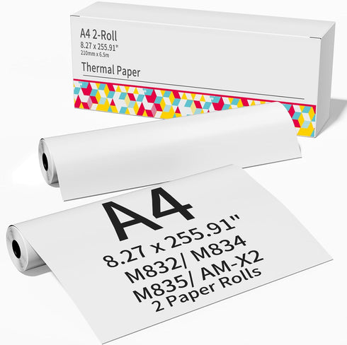 M832 Thermal Paper A4 Thermal Printer Paper 2-Roll, Compatible with M835 M834 AM-X2 Portable Printer, Black on White, Writing Quick-Drying, Therma...