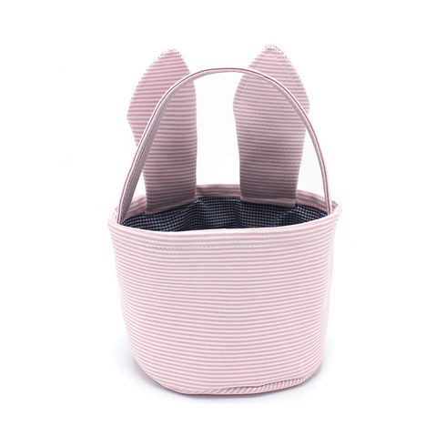 Easter Baskets Seersucker Easter Bunny Bag Bucket for Easter Egg Hunt Bunny Ears Design (Pink)...