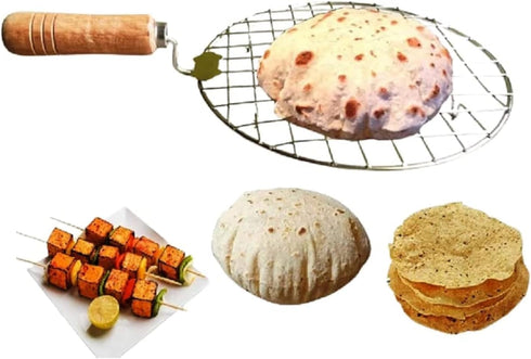 Steel Roasting Roti Jali Wooden Handle with Tong and Pincer Set Roaster,Cooking Rack,Papad Grill,Chapati Grill,Roaster,Food Tong (Round Jali with ...