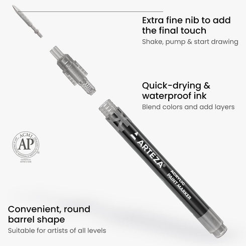 ARTEZA Acrylic Paint Markers, Set of 12 Metallic Marker Pens, 6 Gold and 6 Silver, Extra-Fine Nibs, 15mm, Blendable, for Stone, Glass, Wood, Ceram...