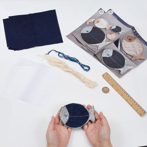 FREEBLOSS Sashiko Tea Mat DIY Sashiko Kit with Instructions Sashiko Kit for Beginners 4 * 5.5'' Fish Shaped Sashiko Japanese Needlework Kit for Ho...