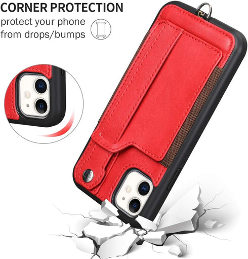 TOOVREN for iPhone 11 Wallet Lanyard Case Protective Cover with PU Leather Card Holder Adjustable Detachable Phone Lanyard Stand Strap for iPhone ...