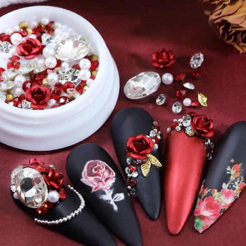 3D Rose Flower Nail Art Charms Acrylic Flower Gems Acrylic Nail with Pearls Red Rose Metal Flower Parts for DIY Manicure Supplies Nail Decor...
