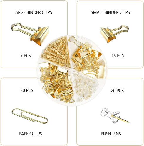 Gold Paper Clips and Binder Clips Set, Metal Assorted Sized Binders with Push Pins, Cute Gold Office Supplies for Desk, Desk Accessories...