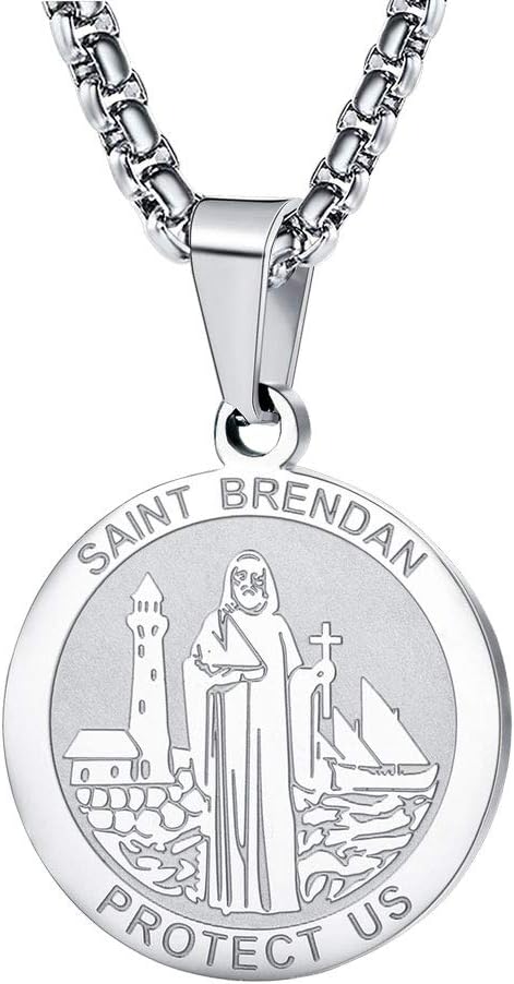 Saint Brendan Necklace - 1" Stainless Steel Catholic St. Brendan Medal Pendant with 24" Chain...