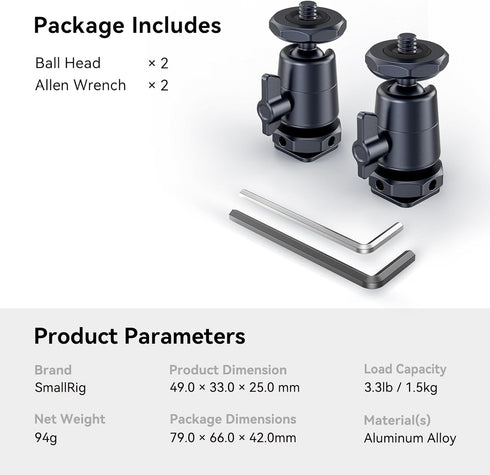 SmallRig Mini Ball Head (2 Pack) with 1/4" Screw and Removable Shoe Mount, 360 Degree Rotatable Aluminum Tripod Head for Camera Tripods Monopods C...